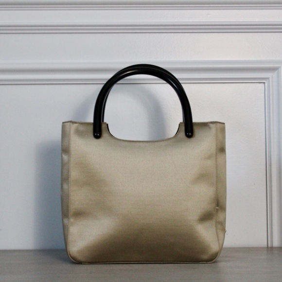 Vintage Late 1990s Prada Taupe Satin Handbag with Black Composite Handles - Picture 5 of 11